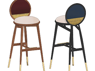 新中式欧式实木吧台椅,高脚椅,布艺吧椅su草图模型下载