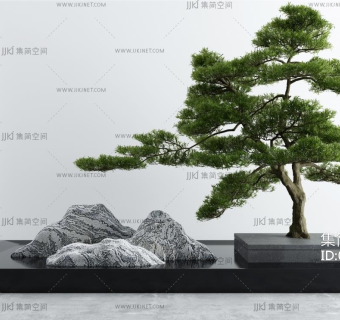 新中式庭院景观小品泰山石松树3d模型下载su草图模型下载