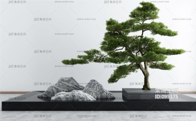 新中式庭院景观小品泰山石松树3d模型下载su草图模型下载