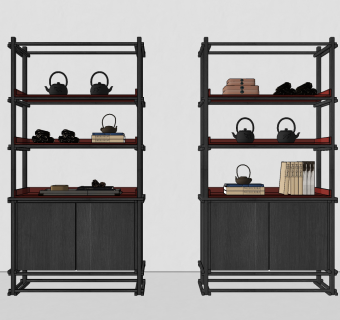 新中式书柜装饰柜，茶柜，书柜，书架，茶壶展架组合su草图模型下载