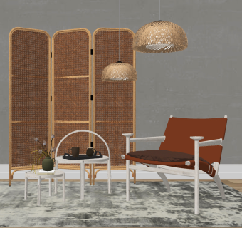 现代自然风藤编编织单椅边几，屏风隔断，吊灯组合su草图模型下载