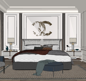 现代美式轻奢卧室,su草图模型下载