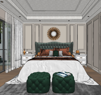 美式卧室,su草图模型下载