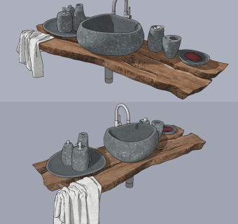 侘寂风卫生间洁具,台盆,洗手池,洗手盆su草图模型下载