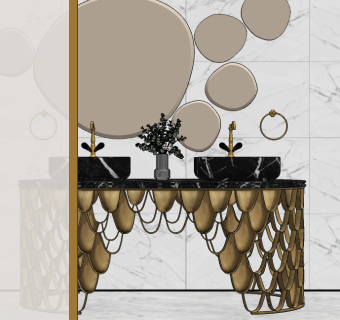 现代轻奢卫浴柜,浴室柜,洗手池,台盆 (su草图模型下载