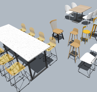 现代员工餐厅食堂餐桌椅吧椅吧凳su草图模型下载