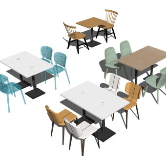 现代北欧员工餐厅食堂餐桌椅su草图模型下载