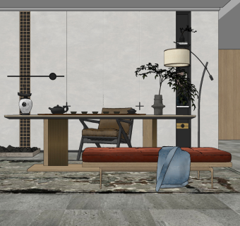 新中式茶室su草图模型下载