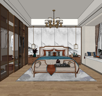 中式卧室su草图模型下载