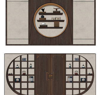 新中式背景装饰柜组合,吊柜su草图模型下载