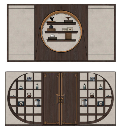 新中式背景装饰柜组合,吊柜su草图模型下载
