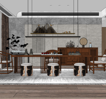 新中式茶室su草图模型下载
