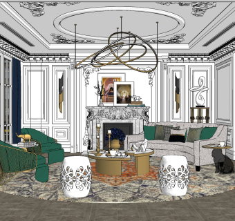 法式欧式别墅家居客厅su草图模型下载