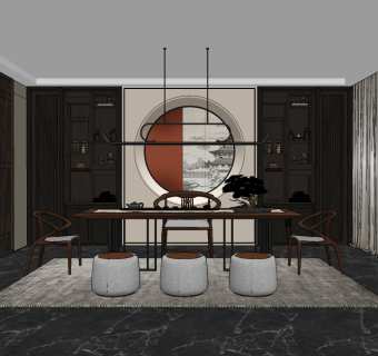 新中式茶室su草图模型下载