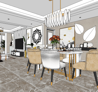 美式客餐厅su草图模型下载