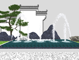 新中式景观水景园林造景,石头喷泉马头墙 (1)su草图模型下载