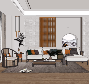 新中式家居客厅su草图模型下载