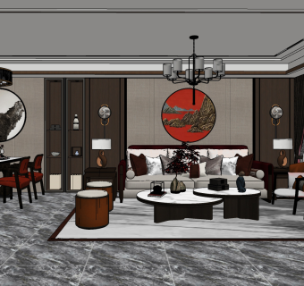 新中式客餐厅su草图模型下载