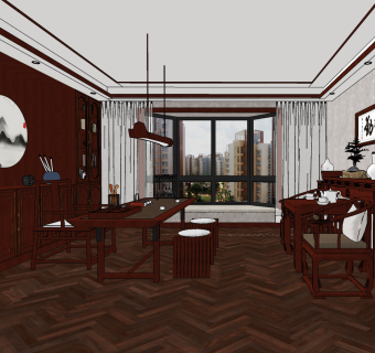 中式古典实木红木家具书房,su草图模型下载