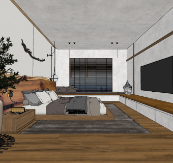 现代民宿卧室,su草图模型下载