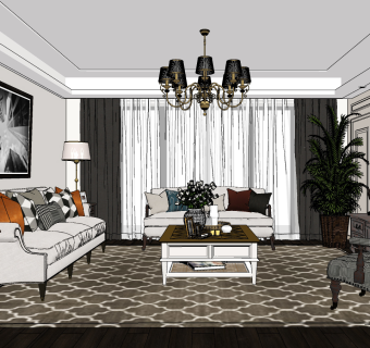 美式客厅su草图模型下载