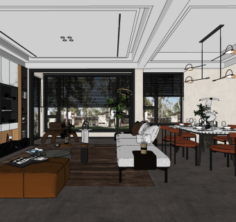 现代轻奢客餐厅su草图模型下载