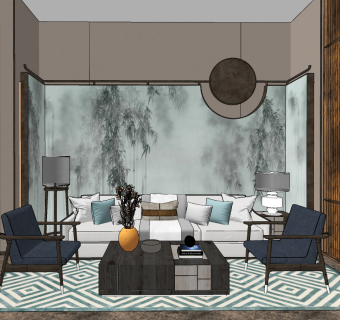 新中式客厅su草图模型下载