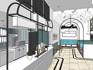 北欧现代简约轻奢风格咖啡馆，咖啡厅su草图模型下载
