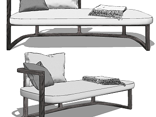 中式布艺长凳，卧榻，贵妃榻su草图模型下载
