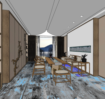 新中式茶室su草图模型下载