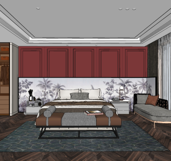 新中式样板间卧室su草图模型下载