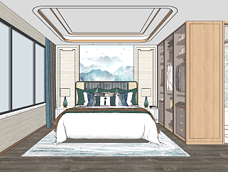 新中式样板间卧室卫生间su草图模型下载
