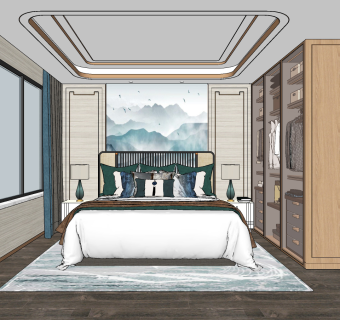 新中式样板间卧室卫生间su草图模型下载