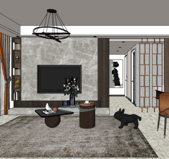 现代客餐厅全景su草图模型下载