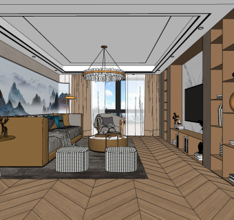 新中式客餐厅su草图模型下载