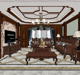 美式古典美式客厅su草图模型下载