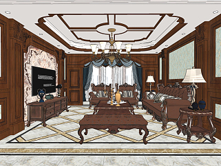 美式古典美式客厅su草图模型下载