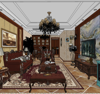 古典美式轻奢客餐厅su草图模型下载