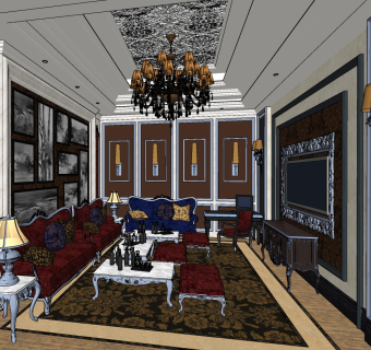 美式新古典轻奢客厅su草图模型下载