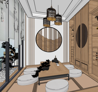 日式榻榻米茶室su草图模型下载