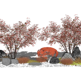 现代红枫枫树红叶植物树石头su草图模型下载