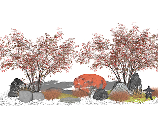现代红枫枫树红叶植物树石头su草图模型下载