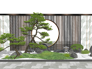 新中式日式禅意景观墙su草图模型下载