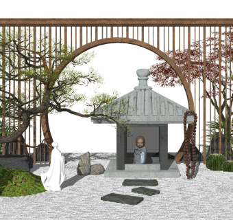 新中式日式禅意景观小品景墙su草图模型下载