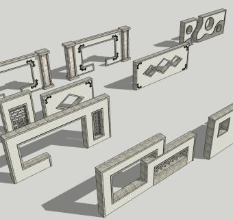 新中式院墙景墙，围墙su草图模型下载