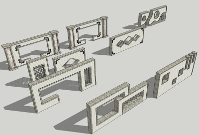 新中式院墙景墙，围墙su草图模型下载