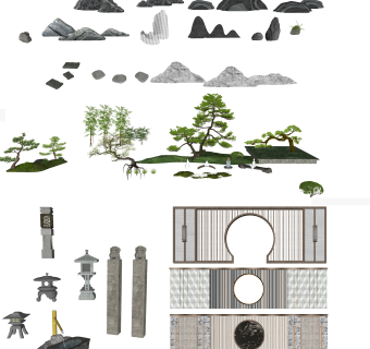 新中式格栅景观墙su草图模型下载