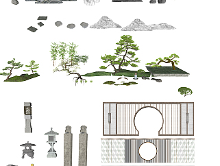 新中式格栅景观墙su草图模型下载