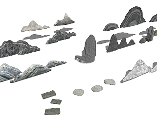 23新中式石头景观片石石头su草图模型下载