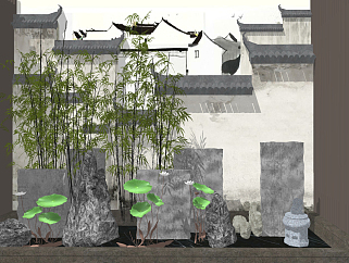 新中式造景园艺小品su草图模型下载